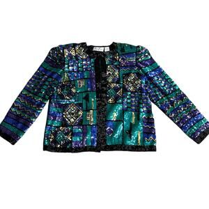 Vintage Laurence Kazar Black MultiColor Beaded Silk Evening Jacket XL
